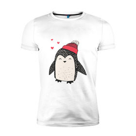 Мужская футболка премиум с принтом Пингвин в шапке в Новосибирске, 92% хлопок, 8% лайкра | приталенный силуэт, круглый вырез ворота, длина до линии бедра, короткий рукав | christmas | new year | winter | зима | новый год | пингвин | рождество