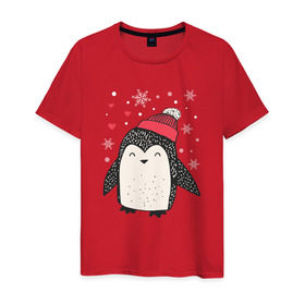 Мужская футболка хлопок с принтом Пингвин в шапке в Новосибирске, 100% хлопок | прямой крой, круглый вырез горловины, длина до линии бедер, слегка спущенное плечо. | Тематика изображения на принте: christmas | new year | winter | зима | новый год | пингвин | рождество