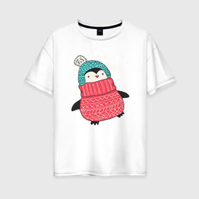 Женская футболка хлопок Oversize с принтом Зимний пингвин в Новосибирске, 100% хлопок | свободный крой, круглый ворот, спущенный рукав, длина до линии бедер
 | christmas | new year | winter | зима | новый год | пингвин | рождество