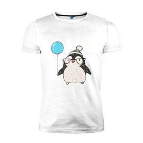 Мужская футболка премиум с принтом Пингвин с шариком в Новосибирске, 92% хлопок, 8% лайкра | приталенный силуэт, круглый вырез ворота, длина до линии бедра, короткий рукав | christmas | new year | winter | зима | новый год | пингвин | рождество