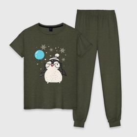 Женская пижама хлопок с принтом Пингвин с шариком в Новосибирске, 100% хлопок | брюки и футболка прямого кроя, без карманов, на брюках мягкая резинка на поясе и по низу штанин | christmas | new year | winter | зима | новый год | пингвин | рождество