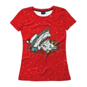 Женская футболка 3D с принтом Акула Дед Мороз в Новосибирске, 100% полиэфир ( синтетическое хлопкоподобное полотно) | прямой крой, круглый вырез горловины, длина до линии бедер | christmas | new year | shark | новый год | рождество | санта