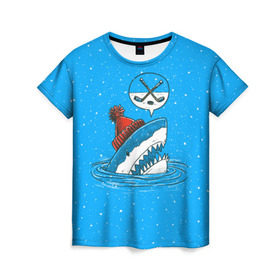 Женская футболка 3D с принтом Акула хоккейный фанат в Новосибирске, 100% полиэфир ( синтетическое хлопкоподобное полотно) | прямой крой, круглый вырез горловины, длина до линии бедер | fan | fish | hochey | ocean | predator | sea | shark | water | акула | вода | игра | лед | море | океан | рыба | фанат | хищник | хоккей | шайба