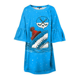 Детское платье 3D с принтом Акула хоккейный фанат в Новосибирске, 100% полиэстер | прямой силуэт, чуть расширенный к низу. Круглая горловина, на рукавах — воланы | fan | fish | hochey | ocean | predator | sea | shark | water | акула | вода | игра | лед | море | океан | рыба | фанат | хищник | хоккей | шайба