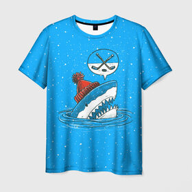 Мужская футболка 3D с принтом Акула хоккейный фанат в Новосибирске, 100% полиэфир | прямой крой, круглый вырез горловины, длина до линии бедер | fan | fish | hochey | ocean | predator | sea | shark | water | акула | вода | игра | лед | море | океан | рыба | фанат | хищник | хоккей | шайба