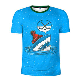 Мужская футболка 3D спортивная с принтом Акула хоккейный фанат в Новосибирске, 100% полиэстер с улучшенными характеристиками | приталенный силуэт, круглая горловина, широкие плечи, сужается к линии бедра | fan | fish | hochey | ocean | predator | sea | shark | water | акула | вода | игра | лед | море | океан | рыба | фанат | хищник | хоккей | шайба