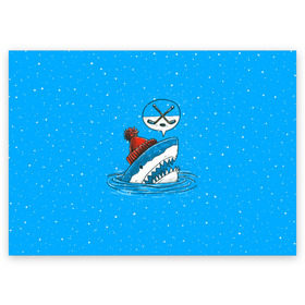 Поздравительная открытка с принтом Акула хоккейный фанат в Новосибирске, 100% бумага | плотность бумаги 280 г/м2, матовая, на обратной стороне линовка и место для марки
 | fan | fish | hochey | ocean | predator | sea | shark | water | акула | вода | игра | лед | море | океан | рыба | фанат | хищник | хоккей | шайба