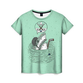 Женская футболка 3D с принтом Акула хоккеист в Новосибирске, 100% полиэфир ( синтетическое хлопкоподобное полотно) | прямой крой, круглый вырез горловины, длина до линии бедер | fan | fish | hochey | ocean | predator | sea | shark | water | акула | вода | игра | лед | море | океан | рыба | фанат | хищник | хоккей | шайба