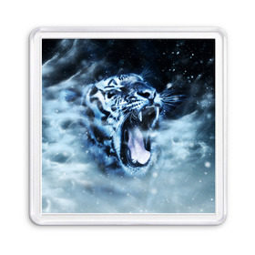 Магнит 55*55 с принтом Белый тигр в Новосибирске, Пластик | Размер: 65*65 мм; Размер печати: 55*55 мм | зима | клыки | метель | пасть | снег | тигр | хищник