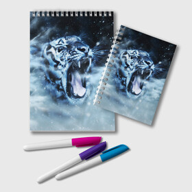 Блокнот с принтом Белый тигр в Новосибирске, 100% бумага | 48 листов, плотность листов — 60 г/м2, плотность картонной обложки — 250 г/м2. Листы скреплены удобной пружинной спиралью. Цвет линий — светло-серый
 | Тематика изображения на принте: зима | клыки | метель | пасть | снег | тигр | хищник