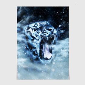 Постер с принтом Белый тигр в Новосибирске, 100% бумага
 | бумага, плотность 150 мг. Матовая, но за счет высокого коэффициента гладкости имеет небольшой блеск и дает на свету блики, но в отличии от глянцевой бумаги не покрыта лаком | зима | клыки | метель | пасть | снег | тигр | хищник
