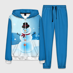 Мужской костюм 3D с принтом Снеговик в Новосибирске, 100% полиэстер | Манжеты и пояс оформлены тканевой резинкой, двухслойный капюшон со шнурком для регулировки, карманы спереди | дед мороз | зима | новый год | праздник | снеговик | снежинки