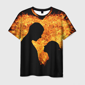 Мужская футболка 3D с принтом Огненная любовь в Новосибирске, 100% полиэфир | прямой крой, круглый вырез горловины, длина до линии бедер | любовь | огонь | пламя | сердце | танец