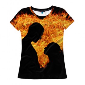 Женская футболка 3D с принтом Огненная любовь в Новосибирске, 100% полиэфир ( синтетическое хлопкоподобное полотно) | прямой крой, круглый вырез горловины, длина до линии бедер | любовь | огонь | пламя | сердце | танец