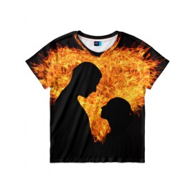Детская футболка 3D с принтом Огненная любовь в Новосибирске, 100% гипоаллергенный полиэфир | прямой крой, круглый вырез горловины, длина до линии бедер, чуть спущенное плечо, ткань немного тянется | Тематика изображения на принте: любовь | огонь | пламя | сердце | танец