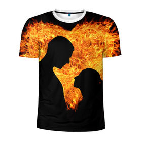 Мужская футболка 3D спортивная с принтом Огненная любовь в Новосибирске, 100% полиэстер с улучшенными характеристиками | приталенный силуэт, круглая горловина, широкие плечи, сужается к линии бедра | Тематика изображения на принте: любовь | огонь | пламя | сердце | танец