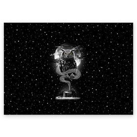 Поздравительная открытка с принтом Ночная сова в Новосибирске, 100% бумага | плотность бумаги 280 г/м2, матовая, на обратной стороне линовка и место для марки
 | astronaut | bird | cosmonaut | cosmos | galaxy | hipster | moon | night | owl | planet | space | star | universe | вселенная | галактика | звезды | космонавт | космос | луна | планета | птица | сова