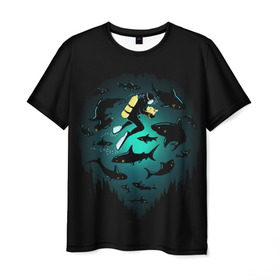 Мужская футболка 3D с принтом Подводный мир в Новосибирске, 100% полиэфир | прямой крой, круглый вырез горловины, длина до линии бедер | fish | ocean | predator | sea | shark | under | акула | вода | дайвер | дайвинг | море | океан | рыба | хищник