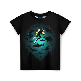 Детская футболка 3D с принтом Подводный мир в Новосибирске, 100% гипоаллергенный полиэфир | прямой крой, круглый вырез горловины, длина до линии бедер, чуть спущенное плечо, ткань немного тянется | fish | ocean | predator | sea | shark | under | акула | вода | дайвер | дайвинг | море | океан | рыба | хищник