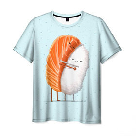 Мужская футболка 3D с принтом Суши друзья в Новосибирске, 100% полиэфир | прямой крой, круглый вырез горловины, длина до линии бедер | Тематика изображения на принте: china | eat | fish | food | japan | sushi | лосось | прикол | рис | ролл | рыба | суши