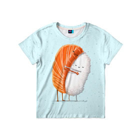 Детская футболка 3D с принтом Суши друзья в Новосибирске, 100% гипоаллергенный полиэфир | прямой крой, круглый вырез горловины, длина до линии бедер, чуть спущенное плечо, ткань немного тянется | Тематика изображения на принте: china | eat | fish | food | japan | sushi | лосось | прикол | рис | ролл | рыба | суши