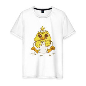 Мужская футболка хлопок с принтом Цыпленок в Новосибирске, 100% хлопок | прямой крой, круглый вырез горловины, длина до линии бедер, слегка спущенное плечо. | желтый | мультяшка | рисунок | цыпленок | яйца