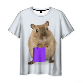 Мужская футболка 3D с принтом Хомяк с сумкой в Новосибирске, 100% полиэфир | прямой крой, круглый вырез горловины, длина до линии бедер | грызун | животные | крыса | мышь | хомяк | яблоко