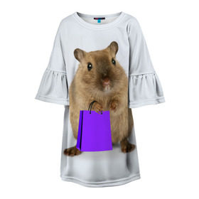 Детское платье 3D с принтом Хомяк с сумкой в Новосибирске, 100% полиэстер | прямой силуэт, чуть расширенный к низу. Круглая горловина, на рукавах — воланы | Тематика изображения на принте: грызун | животные | крыса | мышь | хомяк | яблоко