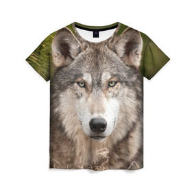 Женская футболка 3D с принтом Волк в Новосибирске, 100% полиэфир ( синтетическое хлопкоподобное полотно) | прямой крой, круглый вырез горловины, длина до линии бедер | animal | eyes | forest | predator | wild | wolf | взгляд | волк | дикий | животное | зверь | лес | хищник