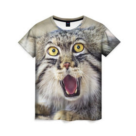 Женская футболка 3D с принтом Дикий кот в Новосибирске, 100% полиэфир ( синтетическое хлопкоподобное полотно) | прямой крой, круглый вырез горловины, длина до линии бедер | animal | cat | eyes | jaws | predator | teeth | wild | взгляд | дикий | животное | клыки | кот | пасть | хищник