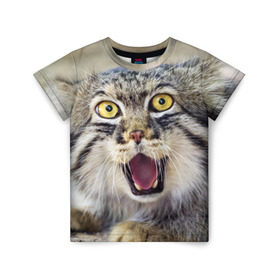 Детская футболка 3D с принтом Дикий кот в Новосибирске, 100% гипоаллергенный полиэфир | прямой крой, круглый вырез горловины, длина до линии бедер, чуть спущенное плечо, ткань немного тянется | animal | cat | eyes | jaws | predator | teeth | wild | взгляд | дикий | животное | клыки | кот | пасть | хищник