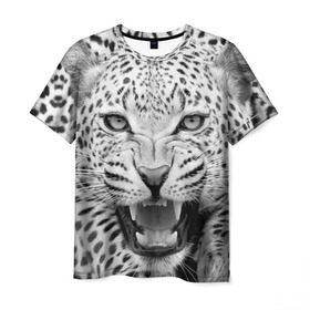 Мужская футболка 3D с принтом Леопард в Новосибирске, 100% полиэфир | прямой крой, круглый вырез горловины, длина до линии бедер | animal | eyes | jaws | leopard | malicious | predator | spotted | teeth | wild | взгляд | дикий | животное | злой | клыки | леопард | оскал | пасть | пятнистый | хищник