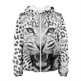Женская куртка 3D с принтом Леопард в Новосибирске, ткань верха — 100% полиэстер, подклад — флис | прямой крой, подол и капюшон оформлены резинкой с фиксаторами, два кармана без застежек по бокам, один большой потайной карман на груди. Карман на груди застегивается на липучку | animal | eyes | jaws | leopard | malicious | predator | spotted | teeth | wild | взгляд | дикий | животное | злой | клыки | леопард | оскал | пасть | пятнистый | хищник