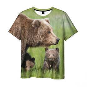 Мужская футболка 3D с принтом Медведи в Новосибирске, 100% полиэфир | прямой крой, круглый вырез горловины, длина до линии бедер | animals | bears | children | family | green | meadow | mother | predators | дети | животные | зеленая | мама | медведи | поляна | семья | хищники