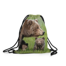 Рюкзак-мешок 3D с принтом Медведи в Новосибирске, 100% полиэстер | плотность ткани — 200 г/м2, размер — 35 х 45 см; лямки — толстые шнурки, застежка на шнуровке, без карманов и подкладки | Тематика изображения на принте: animals | bears | children | family | green | meadow | mother | predators | дети | животные | зеленая | мама | медведи | поляна | семья | хищники