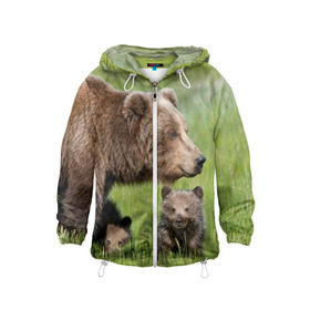 Детская ветровка 3D с принтом Медведи в Новосибирске, 100% полиэстер | подол и капюшон оформлены резинкой с фиксаторами, по бокам два кармана без застежек, один потайной карман на груди | Тематика изображения на принте: animals | bears | children | family | green | meadow | mother | predators | дети | животные | зеленая | мама | медведи | поляна | семья | хищники