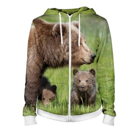 Женская толстовка 3D на молнии с принтом Медведи в Новосибирске, 100% полиэстер | длина до линии бедра, манжеты и пояс оформлены мягкой тканевой резинкой, двухслойный капюшон со шнурком для регулировки, спереди молния, по бокам два кармана | animals | bears | children | family | green | meadow | mother | predators | дети | животные | зеленая | мама | медведи | поляна | семья | хищники