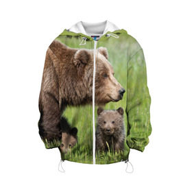 Детская куртка 3D с принтом Медведи в Новосибирске, 100% полиэстер | застежка — молния, подол и капюшон оформлены резинкой с фиксаторами, по бокам — два кармана без застежек, один потайной карман на груди, плотность верхнего слоя — 90 г/м2; плотность флисового подклада — 260 г/м2 | Тематика изображения на принте: animals | bears | children | family | green | meadow | mother | predators | дети | животные | зеленая | мама | медведи | поляна | семья | хищники