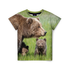 Детская футболка 3D с принтом Медведи в Новосибирске, 100% гипоаллергенный полиэфир | прямой крой, круглый вырез горловины, длина до линии бедер, чуть спущенное плечо, ткань немного тянется | Тематика изображения на принте: animals | bears | children | family | green | meadow | mother | predators | дети | животные | зеленая | мама | медведи | поляна | семья | хищники