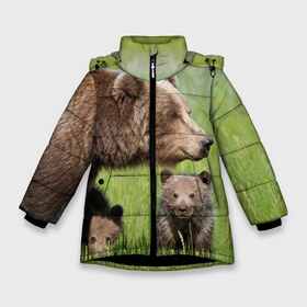 Зимняя куртка для девочек 3D с принтом Медведи в Новосибирске, ткань верха — 100% полиэстер; подклад — 100% полиэстер, утеплитель — 100% полиэстер. | длина ниже бедра, удлиненная спинка, воротник стойка и отстегивающийся капюшон. Есть боковые карманы с листочкой на кнопках, утяжки по низу изделия и внутренний карман на молнии. 

Предусмотрены светоотражающий принт на спинке, радужный светоотражающий элемент на пуллере молнии и на резинке для утяжки. | animals | bears | children | family | green | meadow | mother | predators | дети | животные | зеленая | мама | медведи | поляна | семья | хищники
