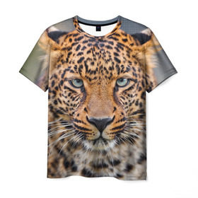 Мужская футболка 3D с принтом Леопард в Новосибирске, 100% полиэфир | прямой крой, круглый вырез горловины, длина до линии бедер | animal | leopard | look | predator | spotted | wild | взгляд | дикий | животное | леопард | пятнистый | хищник