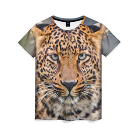Женская футболка 3D с принтом Леопард в Новосибирске, 100% полиэфир ( синтетическое хлопкоподобное полотно) | прямой крой, круглый вырез горловины, длина до линии бедер | animal | leopard | look | predator | spotted | wild | взгляд | дикий | животное | леопард | пятнистый | хищник