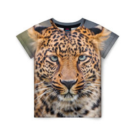 Детская футболка 3D с принтом Леопард в Новосибирске, 100% гипоаллергенный полиэфир | прямой крой, круглый вырез горловины, длина до линии бедер, чуть спущенное плечо, ткань немного тянется | animal | leopard | look | predator | spotted | wild | взгляд | дикий | животное | леопард | пятнистый | хищник