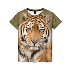 Женская футболка 3D с принтом Тигр в Новосибирске, 100% полиэфир ( синтетическое хлопкоподобное полотно) | прямой крой, круглый вырез горловины, длина до линии бедер | animal | predator | striped | tiger | view | wild | взгляд | дикий | животное | полосатый | тигр | хищник