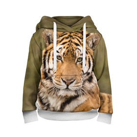 Детская толстовка 3D с принтом Тигр в Новосибирске, 100% полиэстер | двухслойный капюшон со шнурком для регулировки, мягкие манжеты на рукавах и по низу толстовки, спереди карман-кенгуру с мягким внутренним слоем | animal | predator | striped | tiger | view | wild | взгляд | дикий | животное | полосатый | тигр | хищник