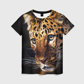 Женская футболка 3D с принтом Леопард в Новосибирске, 100% полиэфир ( синтетическое хлопкоподобное полотно) | прямой крой, круглый вырез горловины, длина до линии бедер | animal | leopard | look | predator | spotted | wild | взгляд | дикий | животное | леопард | пятнистый | хищник