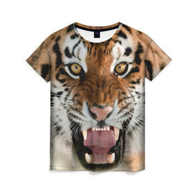Женская футболка 3D с принтом Тигр в Новосибирске, 100% полиэфир ( синтетическое хлопкоподобное полотно) | прямой крой, круглый вырез горловины, длина до линии бедер | animal | predator | striped | tiger | view | wild | взгляд | дикий | животное | полосатый | тигр | хищник