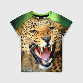 Детская футболка 3D с принтом Леопард в Новосибирске, 100% гипоаллергенный полиэфир | прямой крой, круглый вырез горловины, длина до линии бедер, чуть спущенное плечо, ткань немного тянется | animal | leopard | look | predator | spotted | wild | взгляд | дикий | животное | леопард | пятнистый | хищник