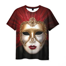 Мужская футболка 3D с принтом Венецианская маска в Новосибирске, 100% полиэфир | прямой крой, круглый вырез горловины, длина до линии бедер | венеция | италия | карнавал | красный | лицо | перья