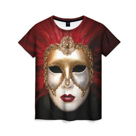 Женская футболка 3D с принтом Венецианская маска в Новосибирске, 100% полиэфир ( синтетическое хлопкоподобное полотно) | прямой крой, круглый вырез горловины, длина до линии бедер | венеция | италия | карнавал | красный | лицо | перья